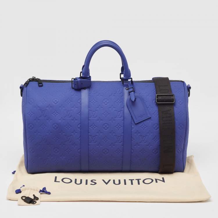 Pre Owned Louis Vuitton Racing Blue Monogram Empreinte Leather Keepall Bandoulière 50 