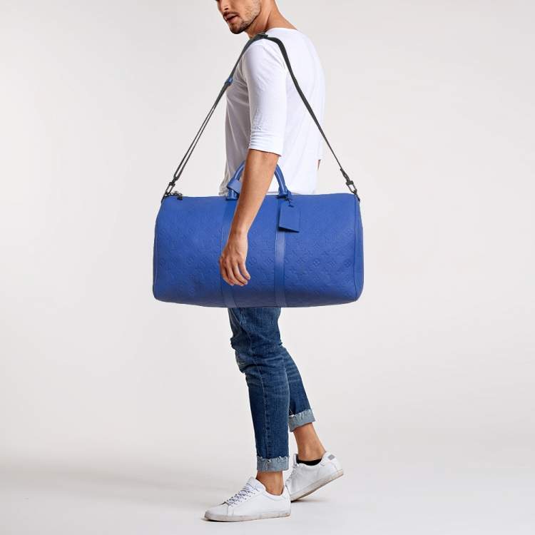 Pre Owned Louis Vuitton Racing Blue Monogram Empreinte Leather Keepall Bandoulière 50 