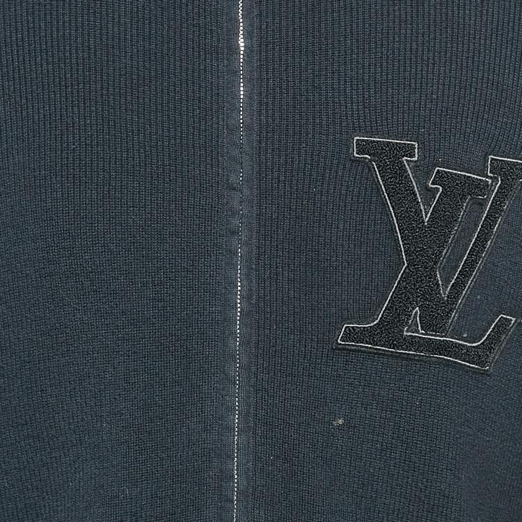 Pre Owned Louis Vuitton Navy Blue LV Patch Rib Knit Zip Up Jacket XS