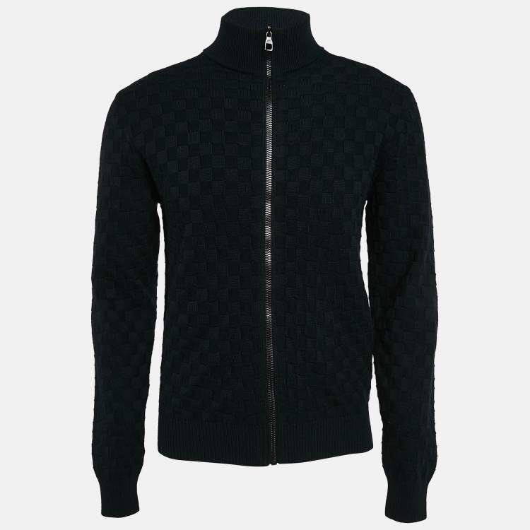 Pre Owned Louis Vuitton Navy Blue Wool Damier Knit Zip-Up Jacket XS