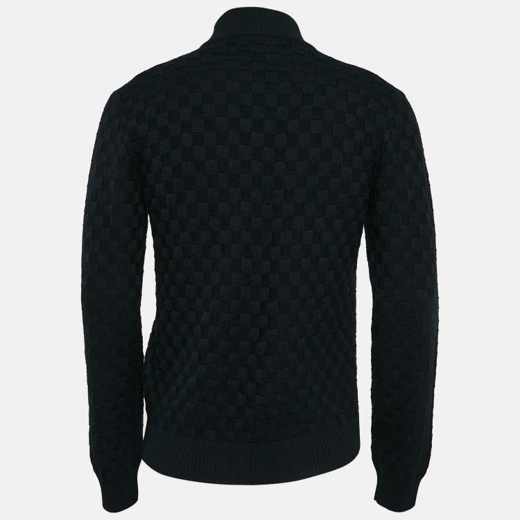 Pre Owned Louis Vuitton Navy Blue Wool Damier Knit Zip-Up Jacket XS
