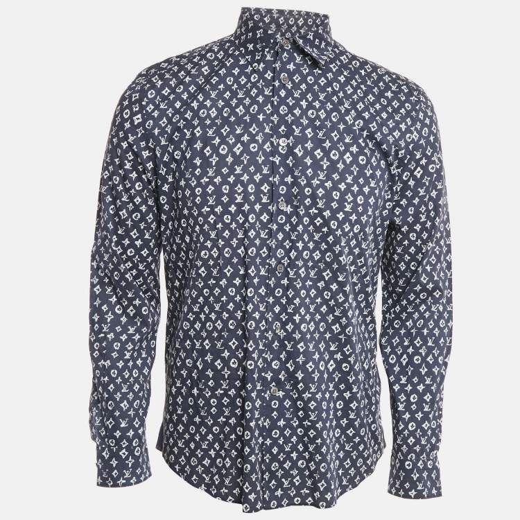 مملوكة مسبقًا Louis Vuitton Navy Blue Logo Print Cotton Button Front Shirt M
