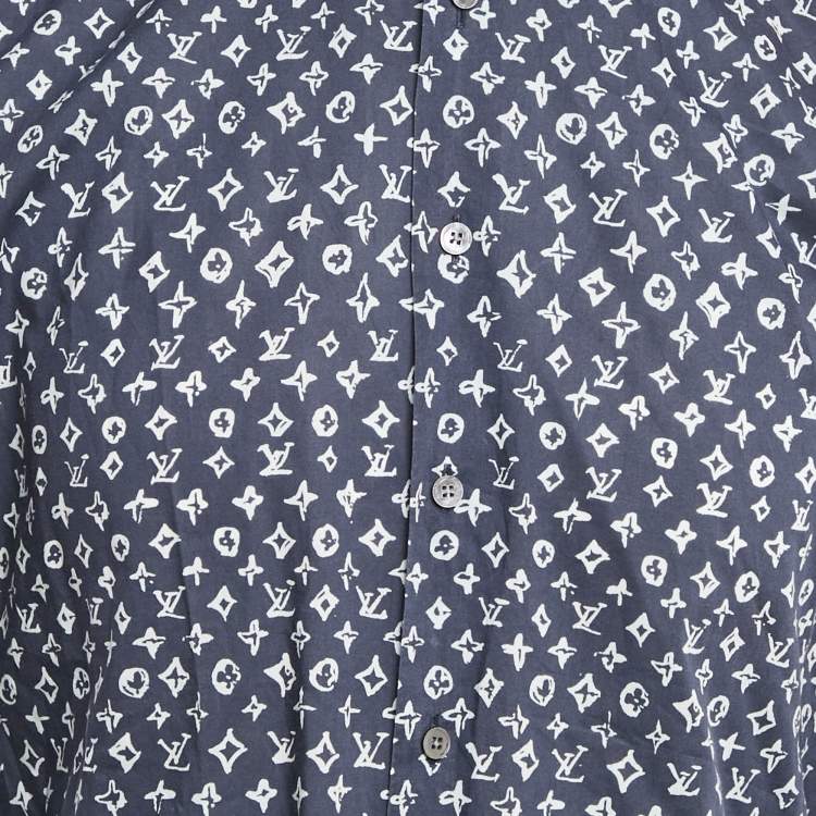 مملوكة مسبقًا Louis Vuitton Navy Blue Logo Print Cotton Button Front Shirt M