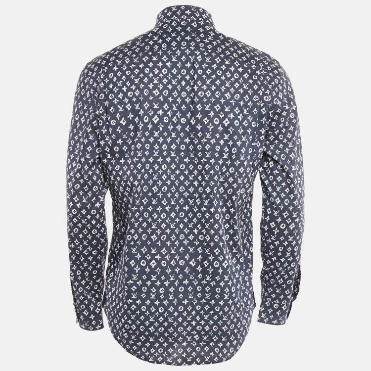مملوكة مسبقًا Louis Vuitton Navy Blue Logo Print Cotton Button Front Shirt M
