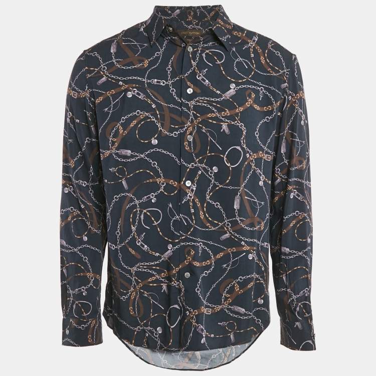 Pre Owned Louis Vuitton Navy Blue Twisted Chain Monogram Print Viscose Shirt S