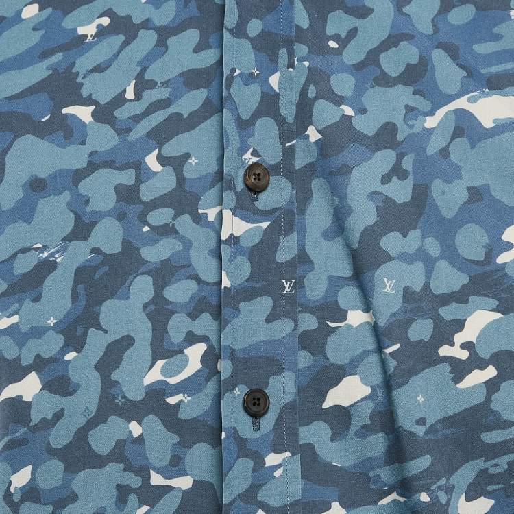 Pre Owned Louis Vuitton Blue Camouflage Print Button Front Shirt M