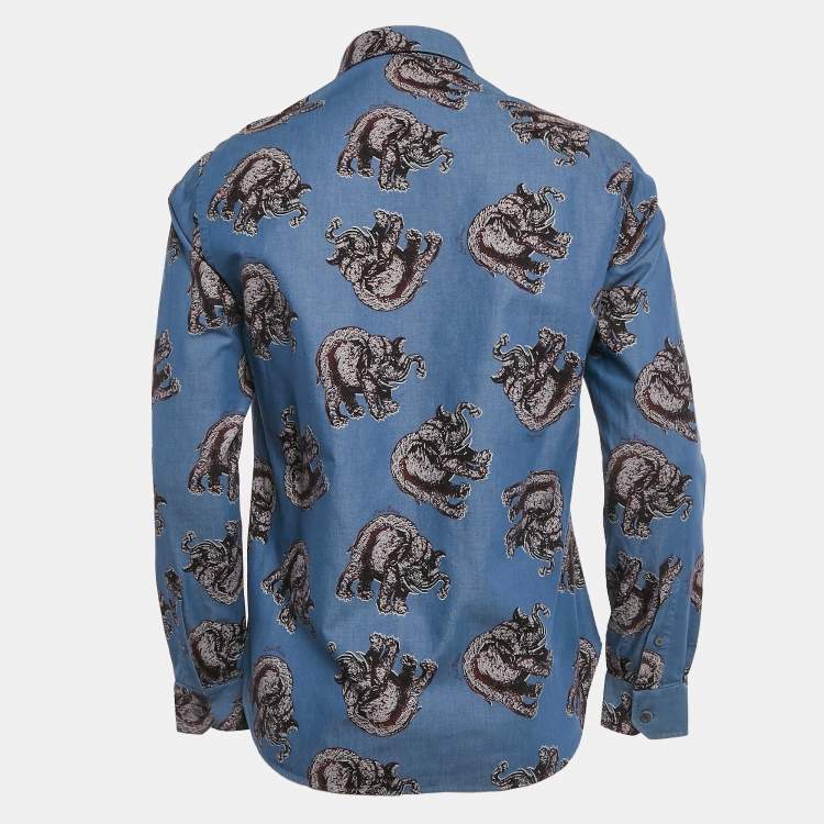 Pre Owned Louis Vuitton Blue Elephant Print Cotton Shirt M