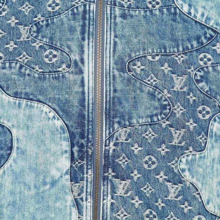 Pre Owned Louis Vuitton Blue Logo Jacquard Denim Hooded Zip-Up Jacket S