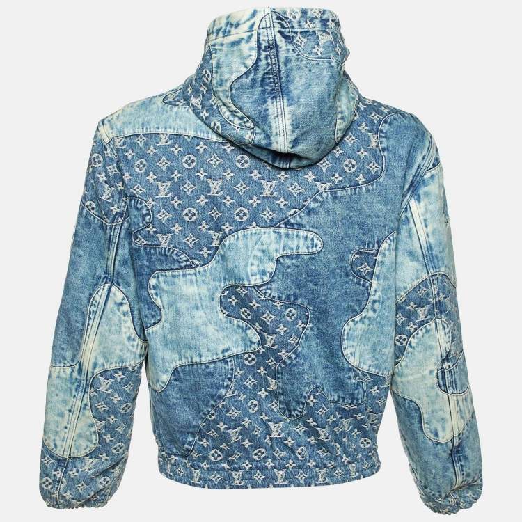 Pre Owned Louis Vuitton Blue Logo Jacquard Denim Hooded Zip-Up Jacket S