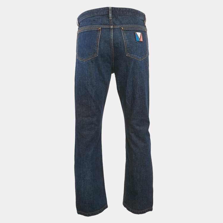 Pre Owned Louis Vuitton Blue Denim Leather Tab Detail Regular Jeans L Waist 35"