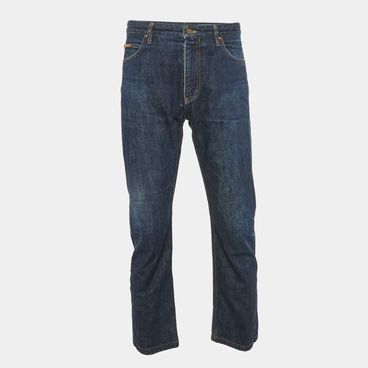 Pre Owned Louis Vuitton Blue Denim Leather Tab Detail Regular Jeans L Waist 35"