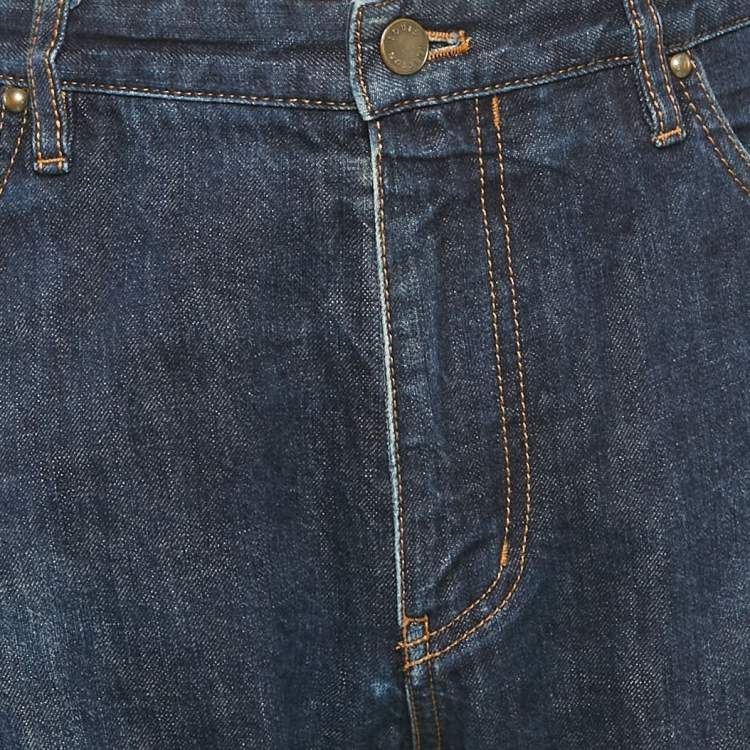 Pre Owned Louis Vuitton Blue Denim Leather Tab Detail Regular Jeans L Waist 35"