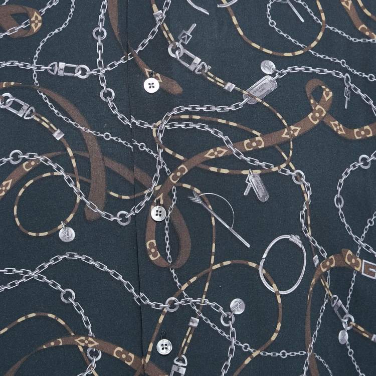 Pre Owned Louis Vuitton Navy Blue Twisted Chain Print Crepe Long Sleeve Shirt M