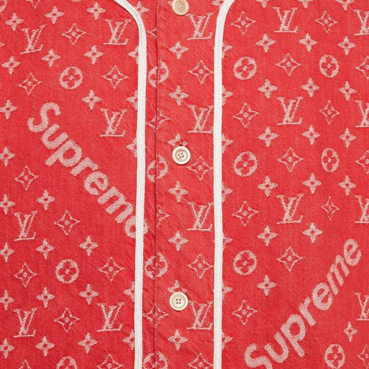 Pre Owned Louis Vuitton x Supreme Red Monogram Denim Baseball Shirt M
