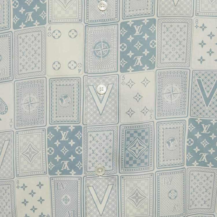Pre Owned Louis Vuitton Blue LV Monogram Cards Print Cotton Short-Sleeve Shirt L
