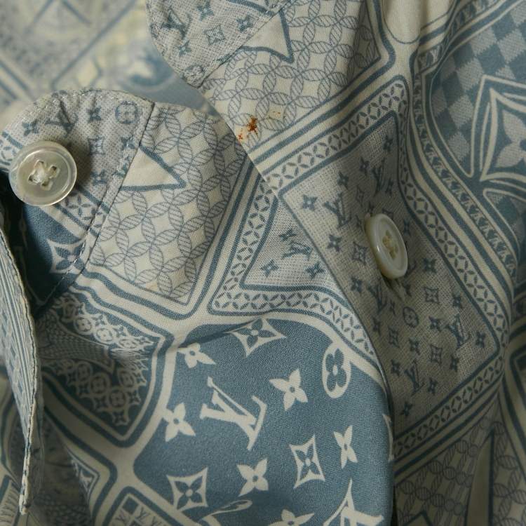 Pre Owned Louis Vuitton Blue LV Monogram Cards Print Cotton Short-Sleeve Shirt L