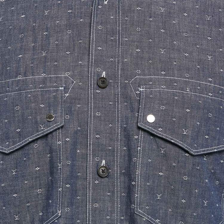 Pre Owned Louis Vuitton Blue Monogram Dobby Denim Button Front Shirt M