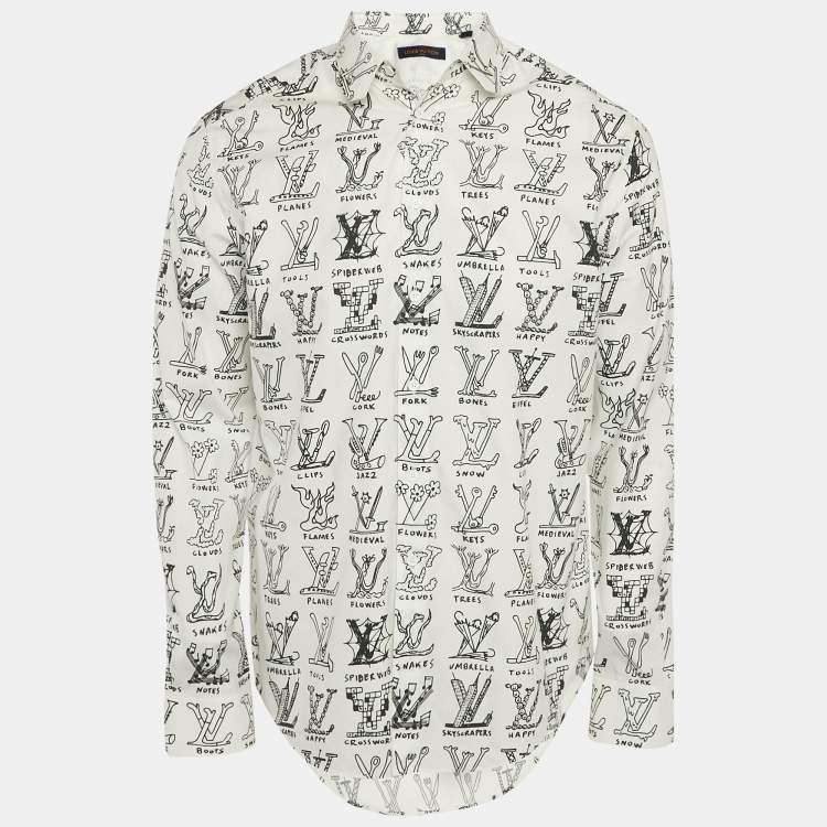 Pre Owned Louis Vuitton White Logo Print Cotton Button Front Shirt L