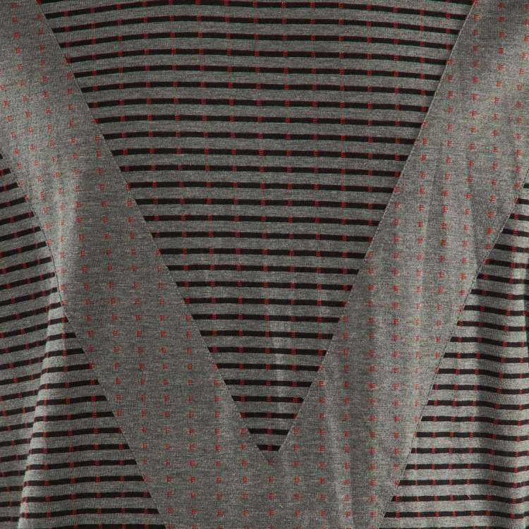 Pre Owned Louis Vuitton Grey Striped Cotton V Detail Crew Neck T-Shirt XXL
