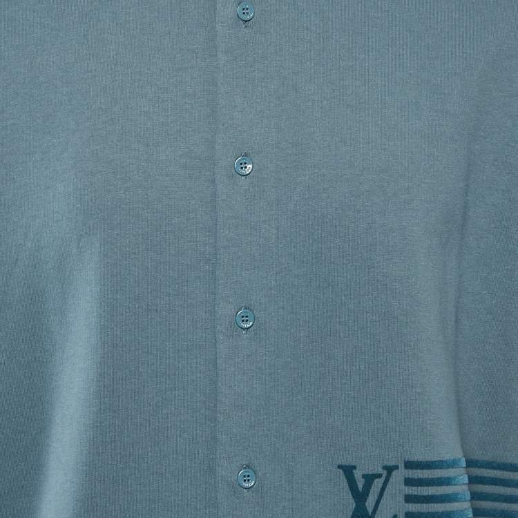 Pre Owned Louis Vuitton Blue Flock Print Cotton Knit Button Front Shirt M