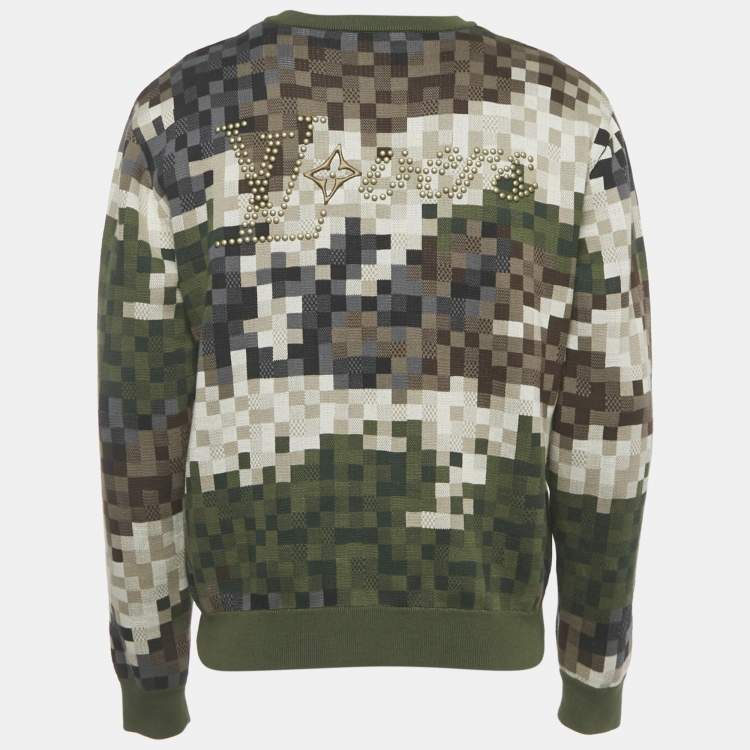 Pre Owned Louis Vuitton Green Damier Cotton Jacquard Stud Detail Pullover M