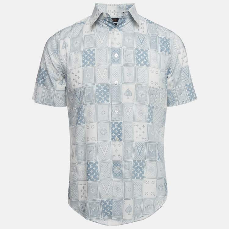 Pre Owned Louis Vuitton White & Blue Logo Printed Short Sleeve Shirt S