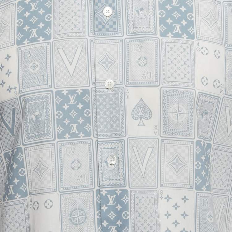 Pre Owned Louis Vuitton White & Blue Logo Printed Short Sleeve Shirt S
