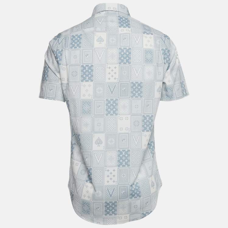 Pre Owned Louis Vuitton White & Blue Logo Printed Short Sleeve Shirt S