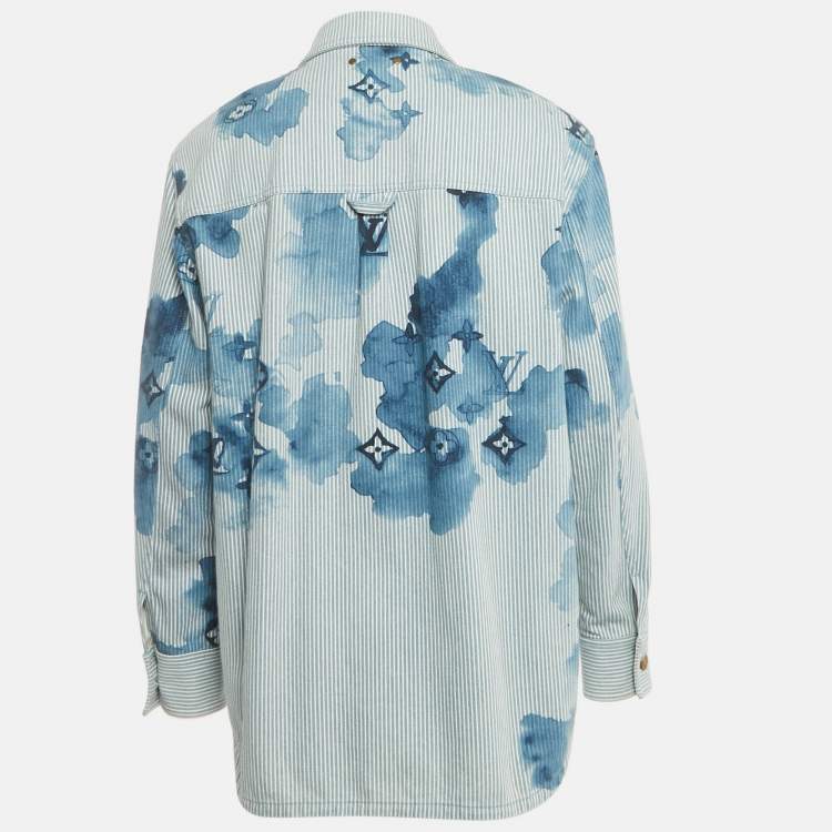 Pre Owned Louis Vuitton Blue Monogram & Watercolor Print Denim Oversized Shirt M 