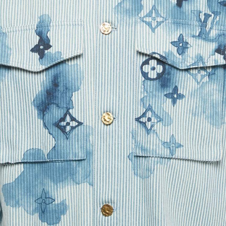 Pre Owned Louis Vuitton Blue Monogram & Watercolor Print Denim Oversized Shirt M 