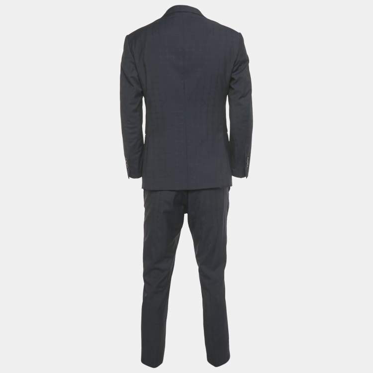 Pre Owned Louis Vuitton Navy Blue Checkered Wool Suit L