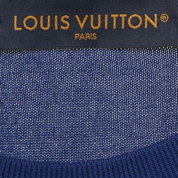 Pre Owned Louis Vuitton White/Blue Intarsia Cotton Knit Crewneck T-Shirt L