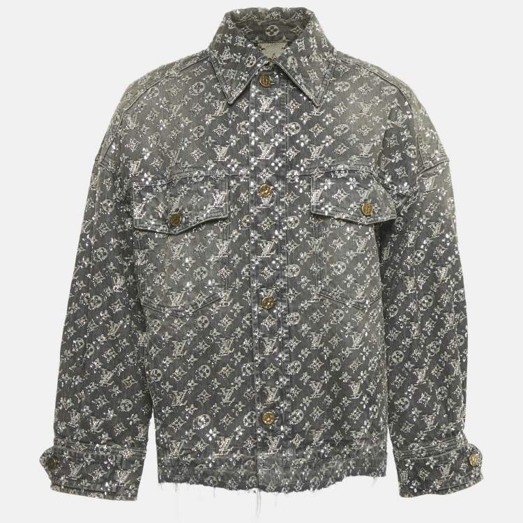 Pre Owned Louis Vuitton Grey Embellished Monogram Raw Edge Denim Jacket XS