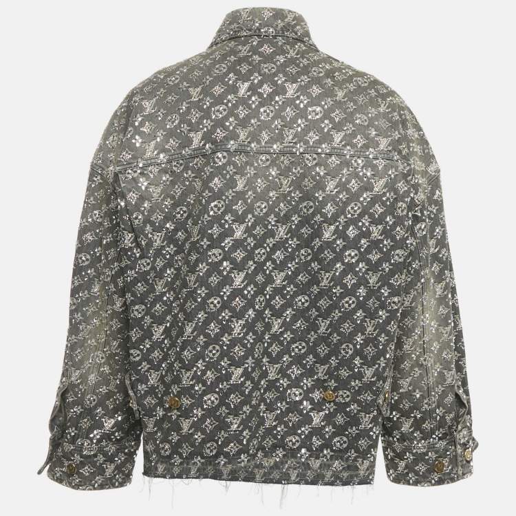 Pre Owned Louis Vuitton Grey Embellished Monogram Raw Edge Denim Jacket XS