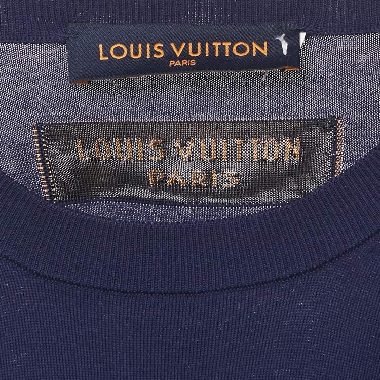 Pre Owned Louis Vuitton Navy Blue Knit Logo Embroidered T-Shirt XL
