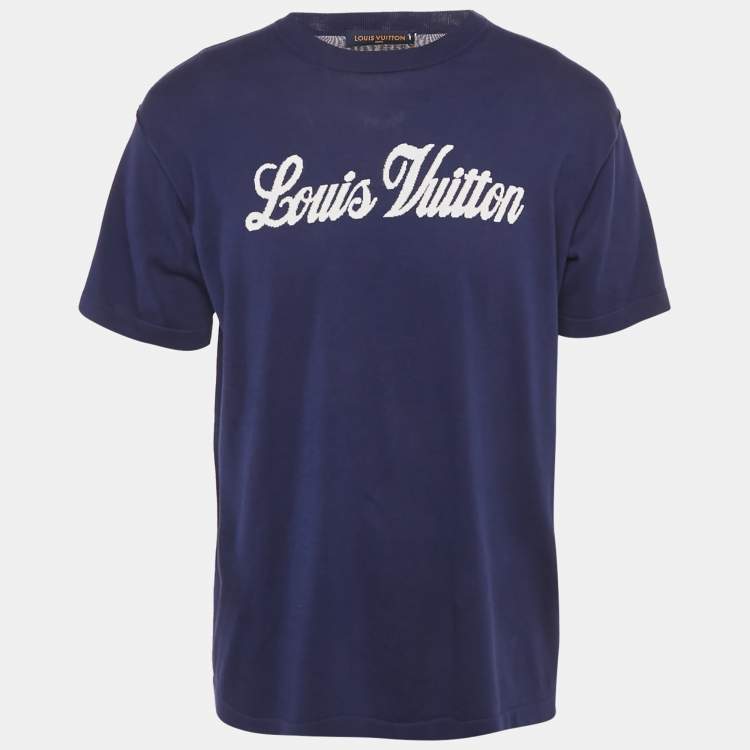 Pre Owned Louis Vuitton Navy Blue Knit Logo Embroidered T-Shirt XL