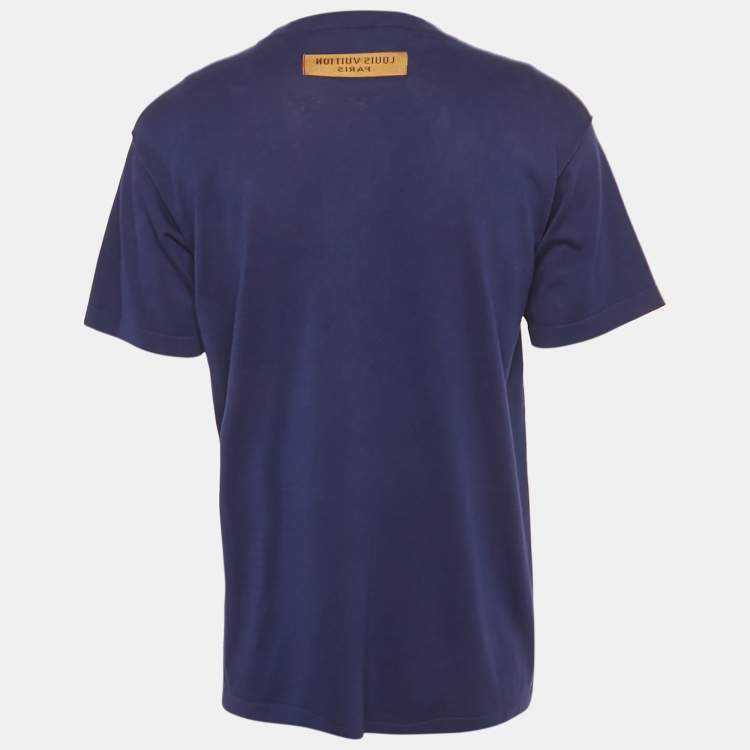 Pre Owned Louis Vuitton Navy Blue Knit Logo Embroidered T-Shirt XL