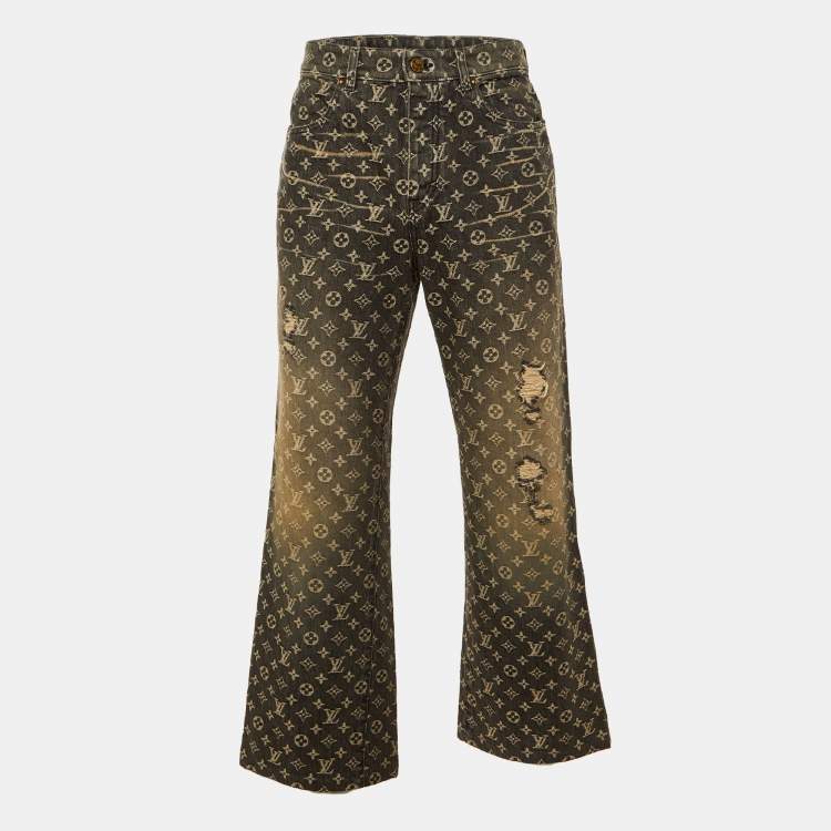 Pre Owned Louis Vuitton Grey Monogram Jacquard Denim Wide Leg Jeans S/Waist 30"
