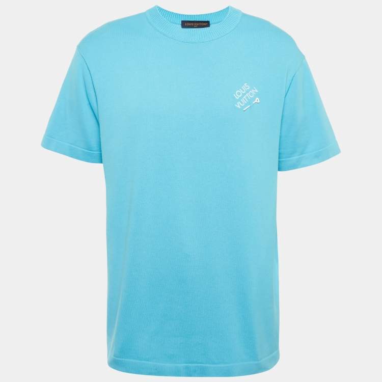 Pre Owned Louis Vuitton Blue Pin Logo Embroidered Cotton T-Shirt M