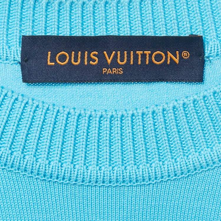 Pre Owned Louis Vuitton Blue Pin Logo Embroidered Cotton T-Shirt M