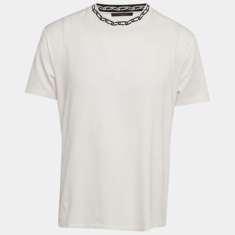 Pre Owned تــي شــــيــرت لوي فيتون أبيض سلسلة رقبة إنتارسيا جيرسي برقبة دائرية مقاس متوسط