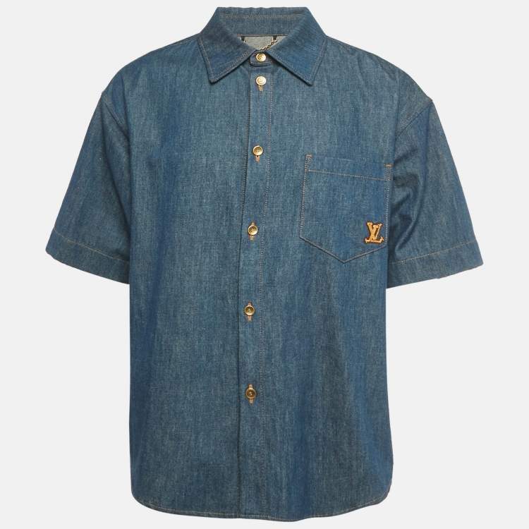 مملوكة مسبقًا Louis Vuitton Blue LV Applique Denim Shorts Sleeve Shirt L
