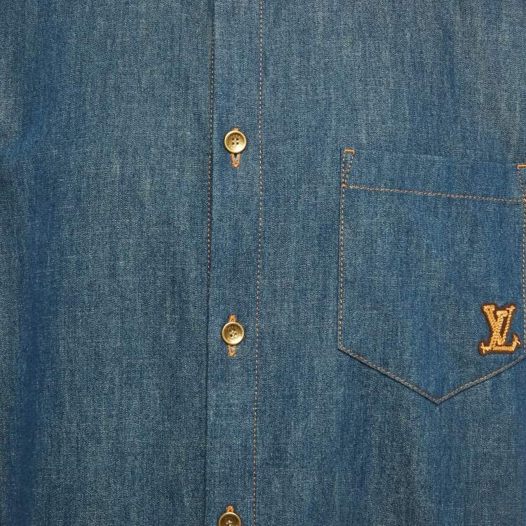 مملوكة مسبقًا Louis Vuitton Blue LV Applique Denim Shorts Sleeve Shirt L