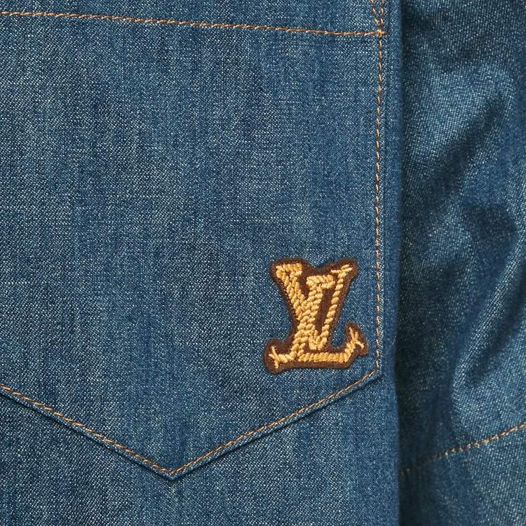 مملوكة مسبقًا Louis Vuitton Blue LV Applique Denim Shorts Sleeve Shirt L
