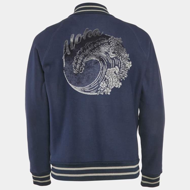 Pre Owned Louis Vuitton Navy Blue Cotton Knit Zip Front Jacket L