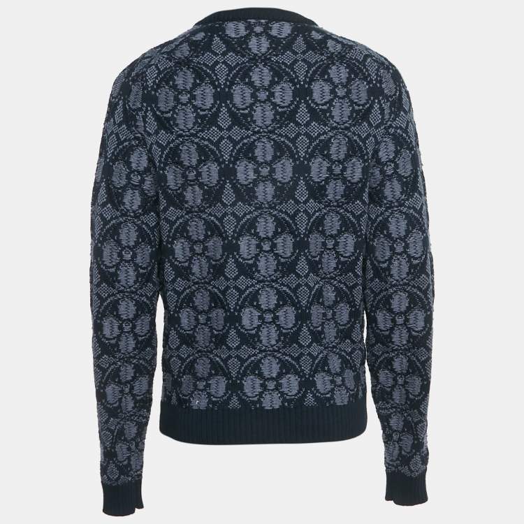 Pre Owned Louis Vuitton Navy Blue Wool Blend Flower Monogram Pullover L