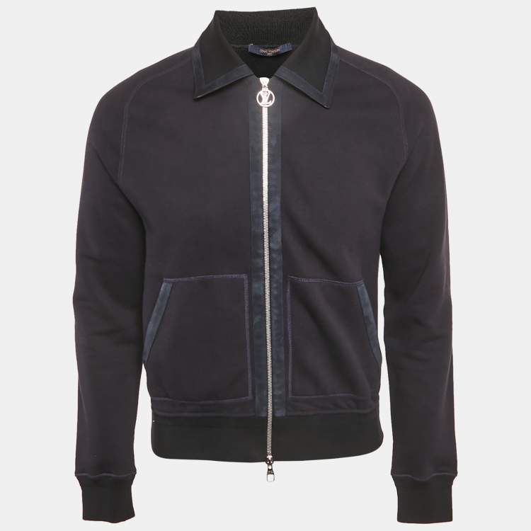 مملوكة مسبقًا Louis Vuitton Navy Blue Knit Leather Trim Zip Up Jacket S