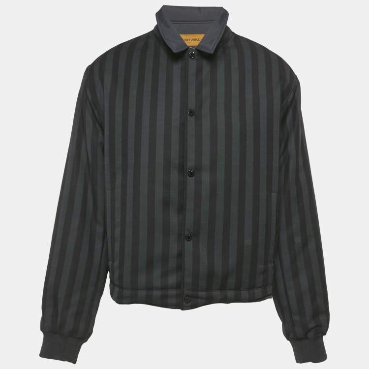 Pre Owned Louis Vuitton Navy Blue Striped Wool and Synthetic Reversible Jacket XL