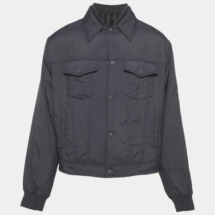 Pre Owned Louis Vuitton Navy Blue Striped Wool and Synthetic Reversible Jacket XL