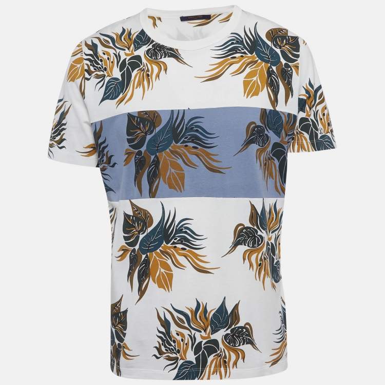 مملوكة مسبقًا Louis Vuitton White/Blue Striped Floral Print Jersey T-Shirt L